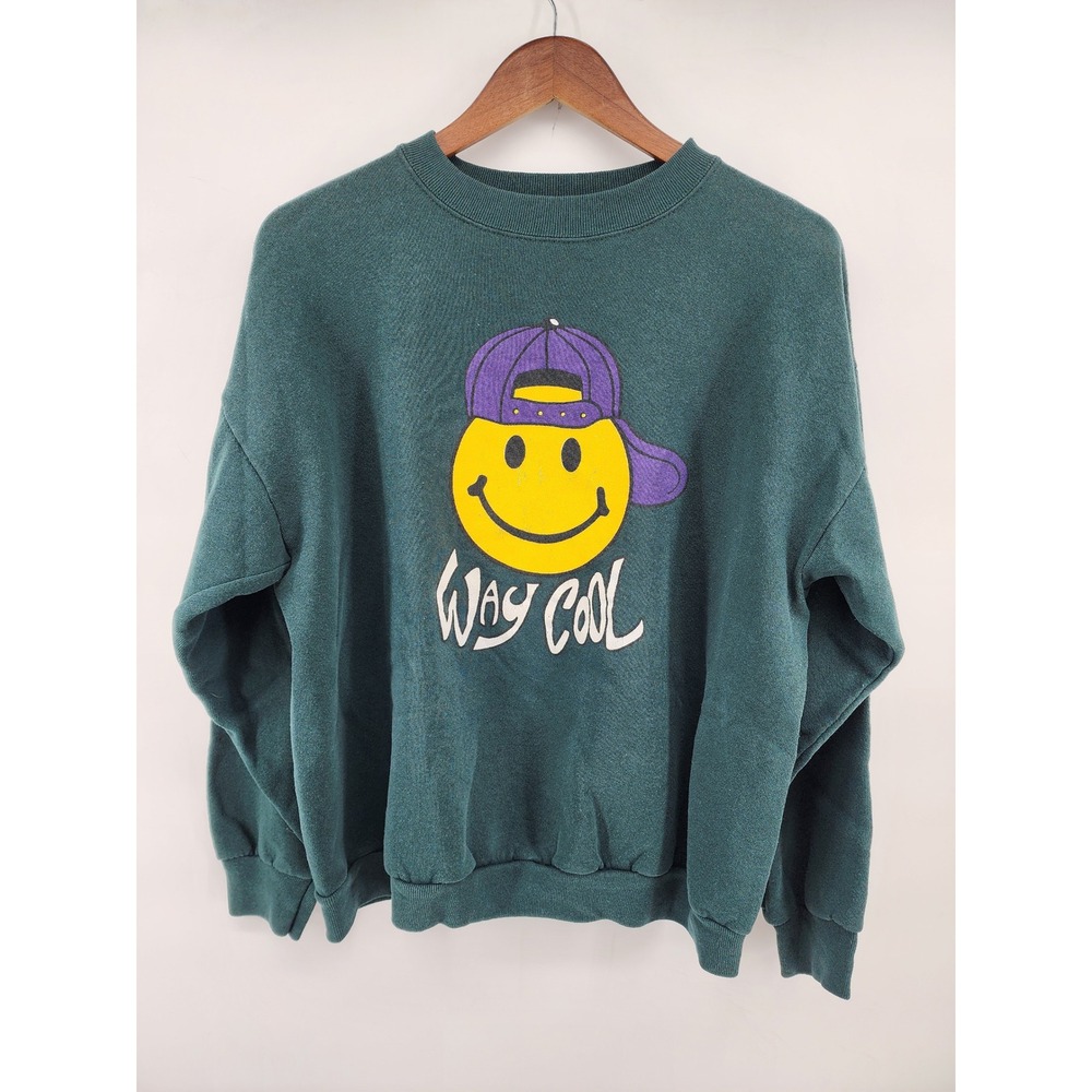 Vintage Way Cool Smiley Face Graphic Sweatshirt Green Size XL